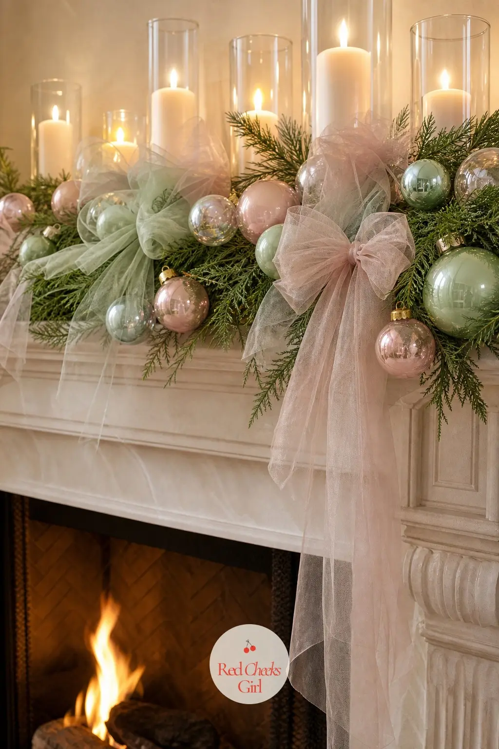The Mantel, Trimmed in Tulle Bows and Glass Baubles — A faux pine garland runs the length of the mantel, studded with glass ornaments in the three core colours