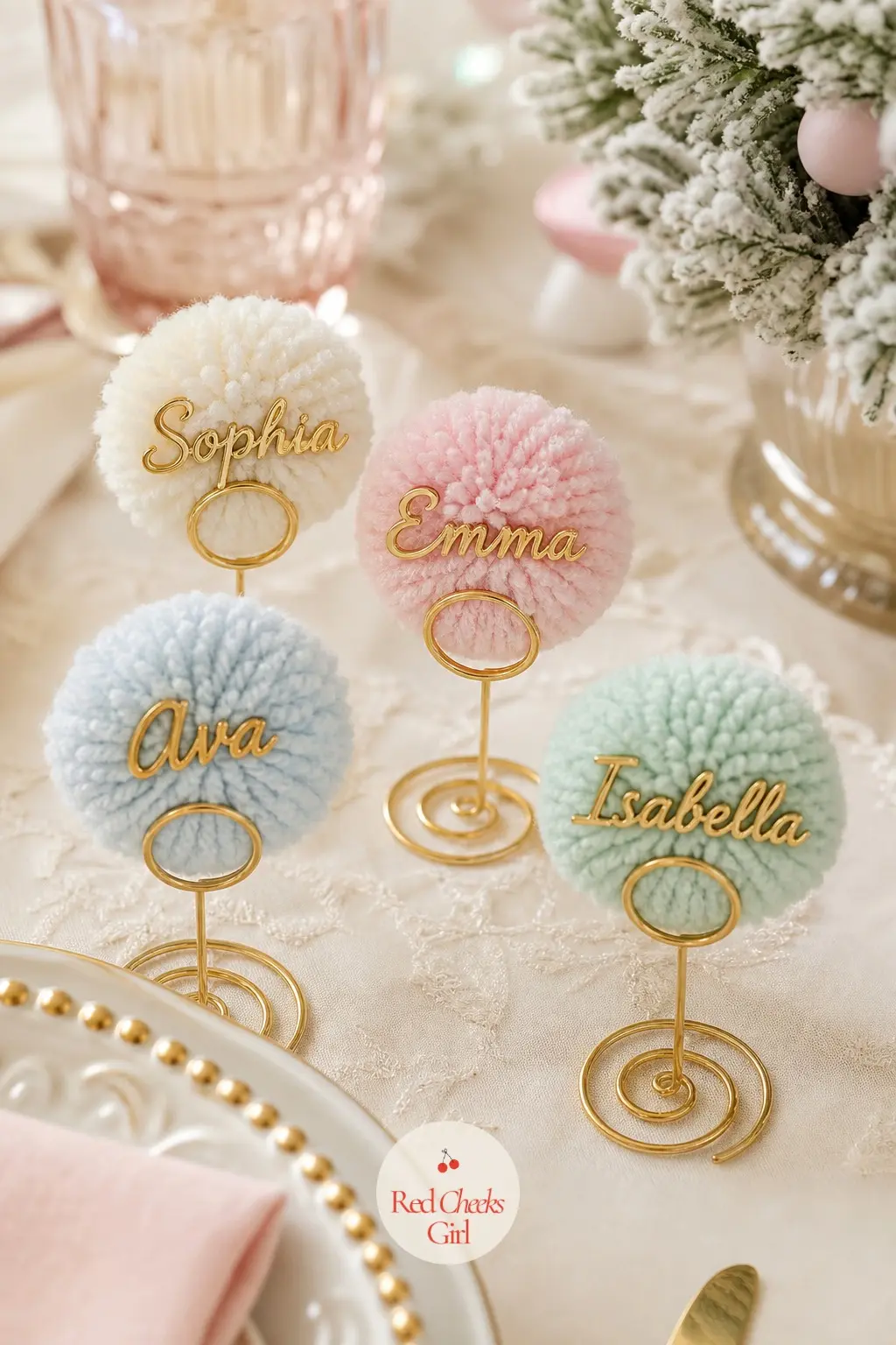 The Place Cards, Cut into Little Pom-Pom Shapes — Twenty four place cards get cut with a small pom-pom shape punched into one corner instead of a printed icon