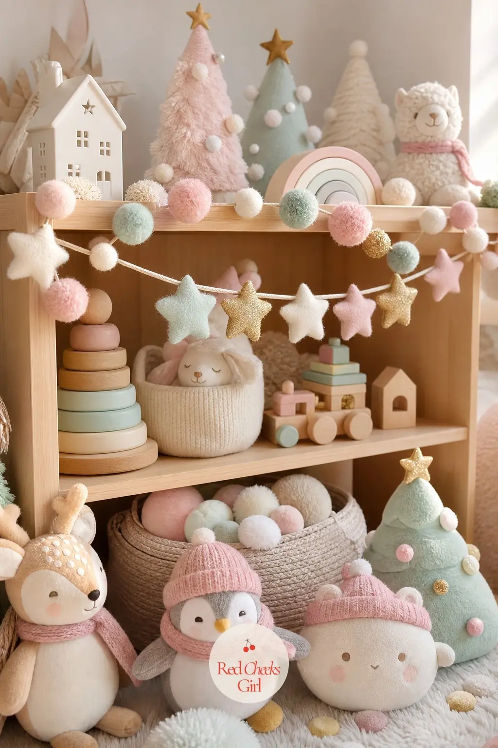 The Playroom Corner, Dressed in Pom-Pom Garland and Felt Stars — A low shelf or play table in the children's corner gets a felt star garland strung above it