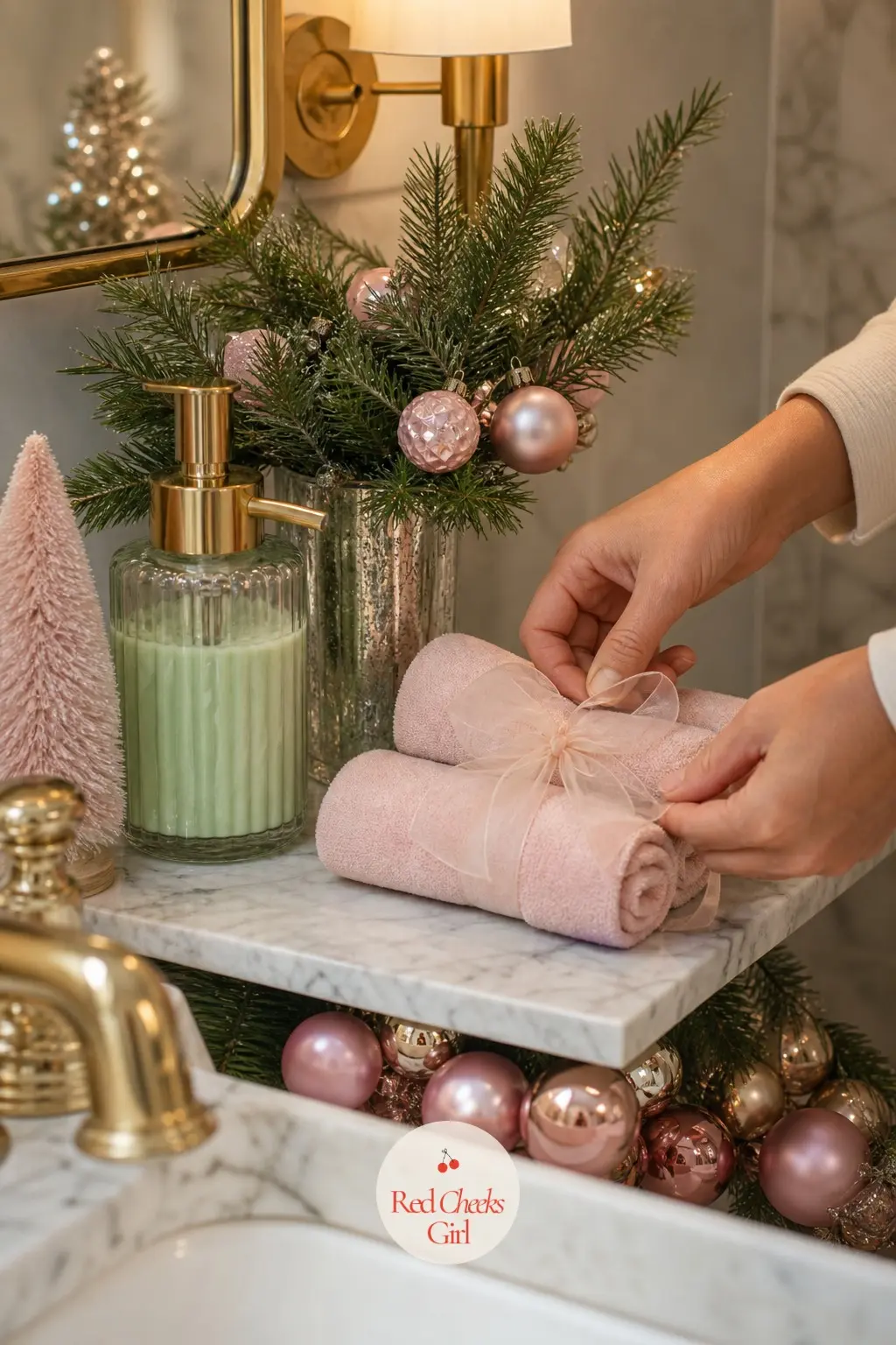 The Powder Room Shelf, Finished with Mint Soap and a Tulle Bow — A single shelf above the sink holds mint hand soap, a stack of pastel guest towels tied with a