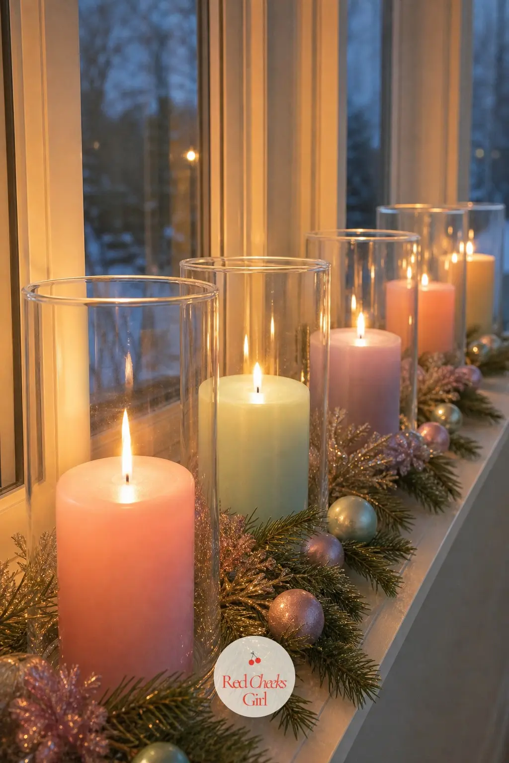 The Window Ledges, Lined with Pastel Pillar Candles — Six pastel pillar candles, one per ledge, sit inside glass hurricanes along the windows facing the
