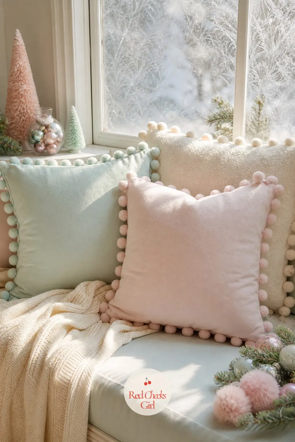 The Window Seat, Piled with Pastel Pom-Pom Cushions — A built-in or borrowed window seat gets piled with cushions trimmed in soft pom-poms, mint against blush