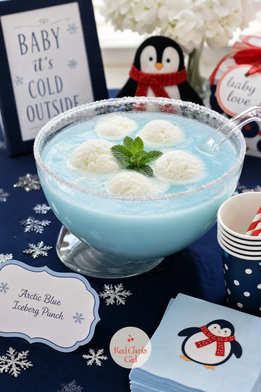 Arctic Blue Iceberg Punch — The table needs something besides water, and this one does not require a bartender. Penguin baby shower ideas