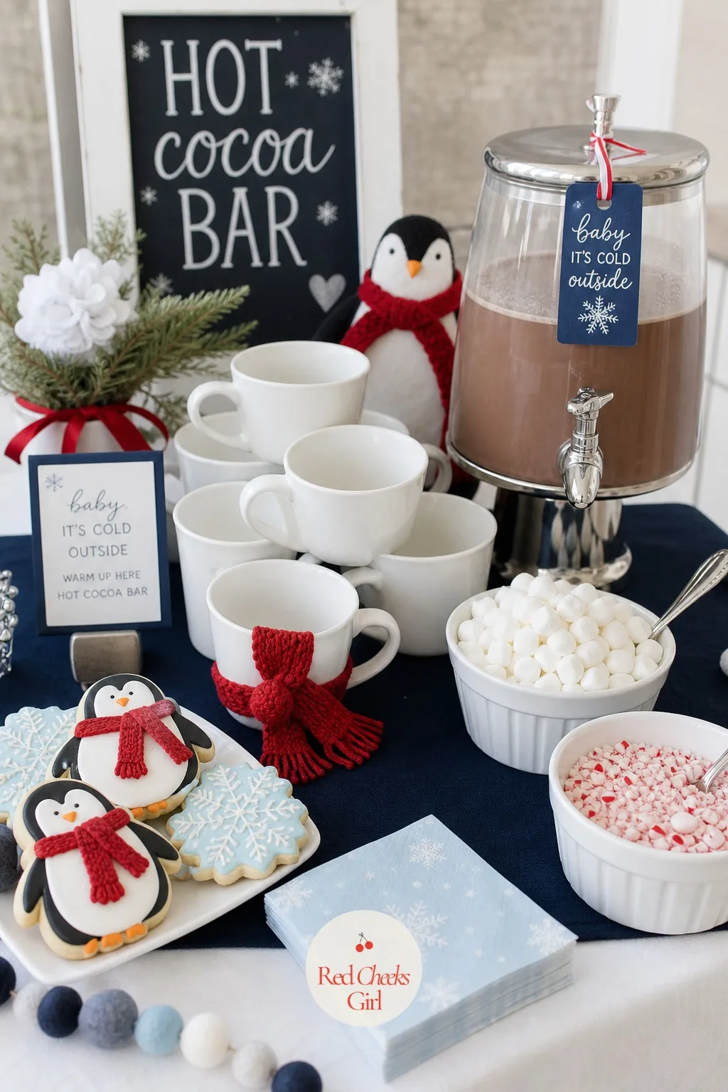 Hot Cocoa Bar — This is the one station guests actually use rather than just photograph. Penguin baby shower ideas