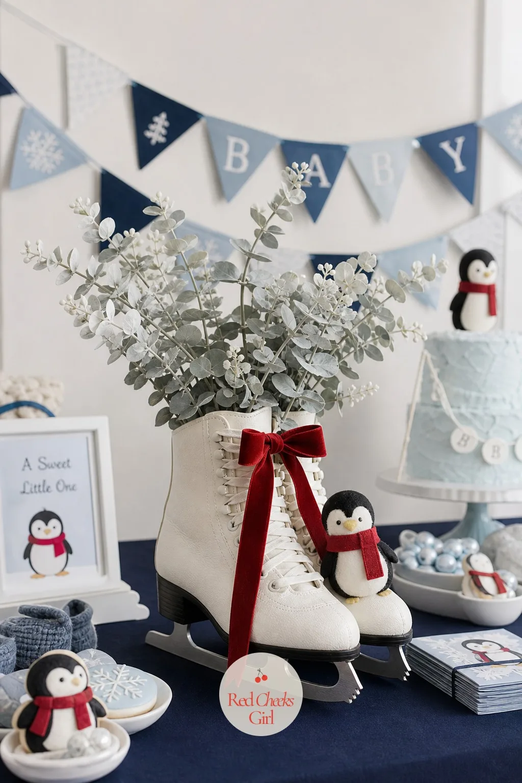 Ice Skate Boot Centerpiece — Flowers alone start to look the same table after table, and ice skating is already half the theme. Penguin baby shower ideas