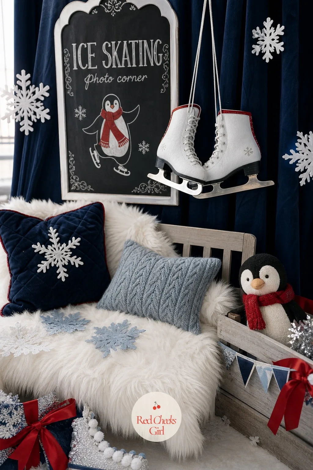 Ice Skating Photo Corner — Not everyone wants to stand stiffly in front of flat backdrop fabric. Penguin baby shower ideas