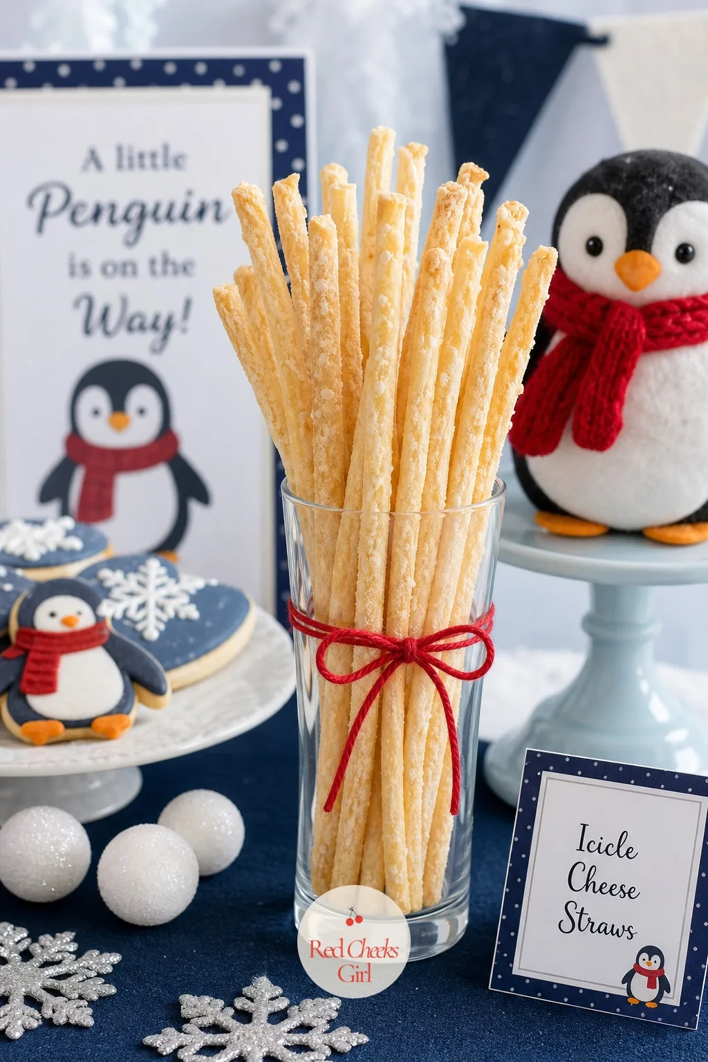 Icicle Cheese Straws — All that sweetness on the dessert table needs one salty, crunchy counterpoint nearby. Penguin baby shower ideas