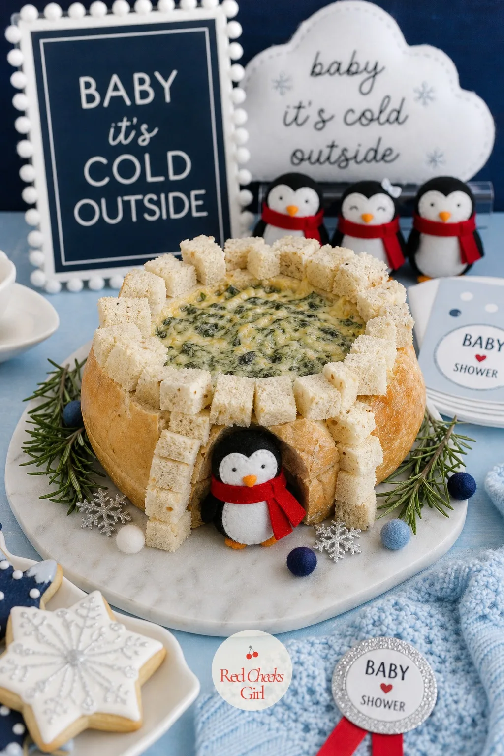 Igloo Spinach Dip Loaf — A warm dip tends to disappear before anything else on the table. Penguin baby shower ideas