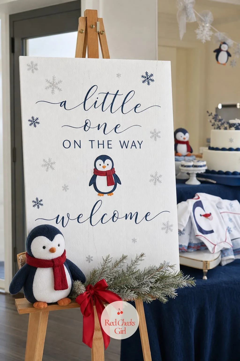 'A Little One on the Way' Welcome Easel — Guests need a beat at the door before they find their seat, and a sign gives them that pause. Penguin baby shower