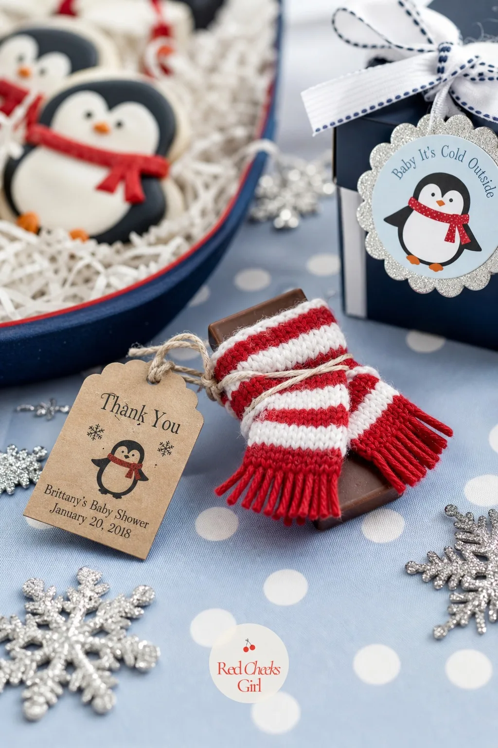 Mini Knit Scarf Favor — A favor earns its keep when she actually holds onto it afterward. Penguin baby shower ideas