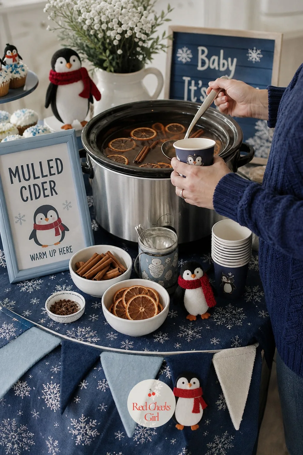 Mulled Cider Station — For a cooler room or an evening shower, something warm in hand matters more than a cold punch does. Penguin baby shower ideas