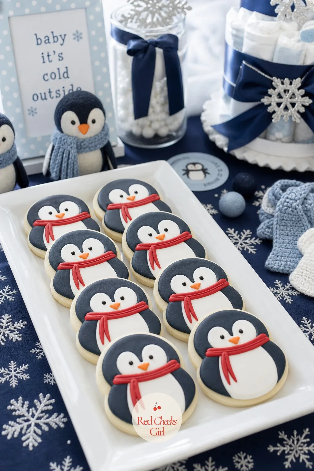 Scarf-Wrapped Penguin Sugar Cookies — Something she can actually eat with her coffee matters as much as anything purely decorative. Penguin baby shower ideas