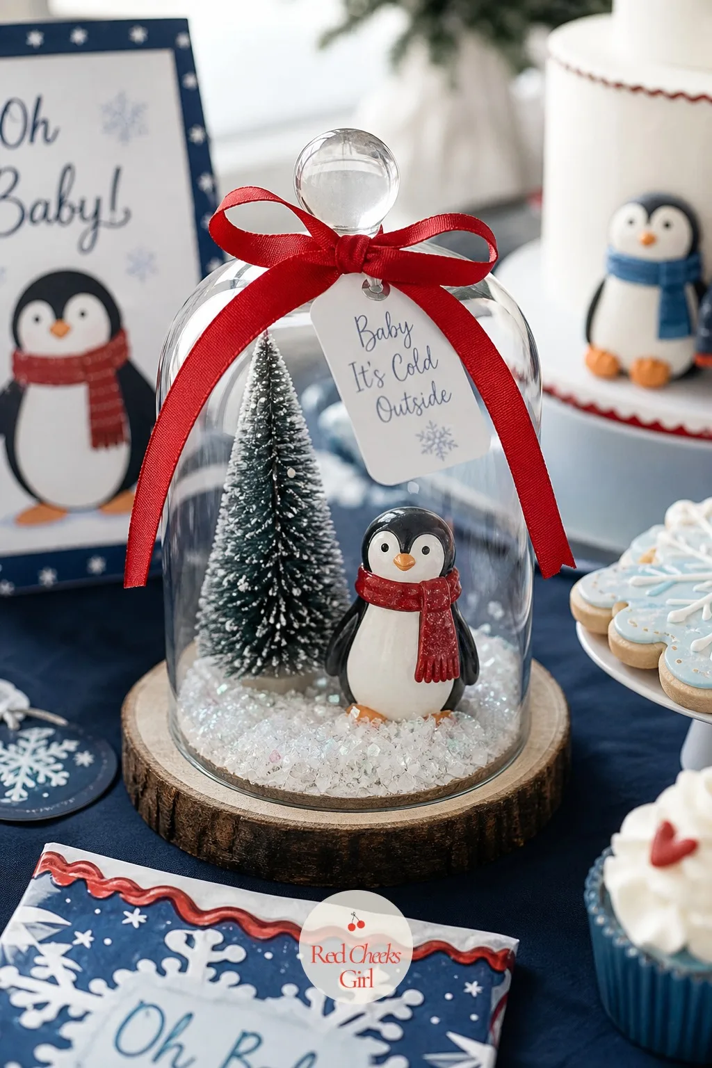 Snow Globe Cloche Centerpiece — Anything under glass photographs well and stays dust free through a long afternoon. Penguin baby shower ideas