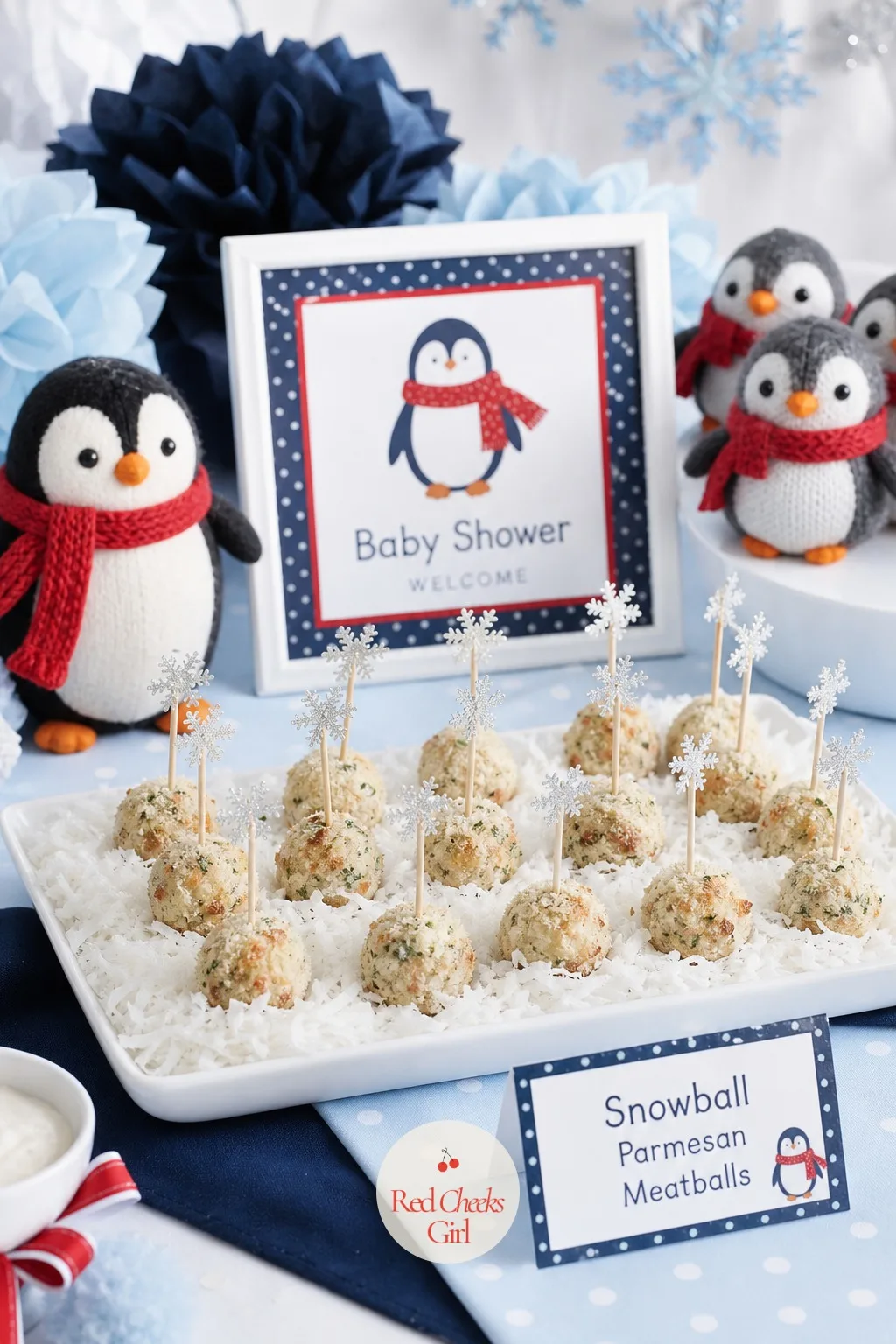 Snowball Parmesan Meatballs — A buffet needs at least one warm, protein-heavy item that holds its shape for hours. Penguin baby shower ideas