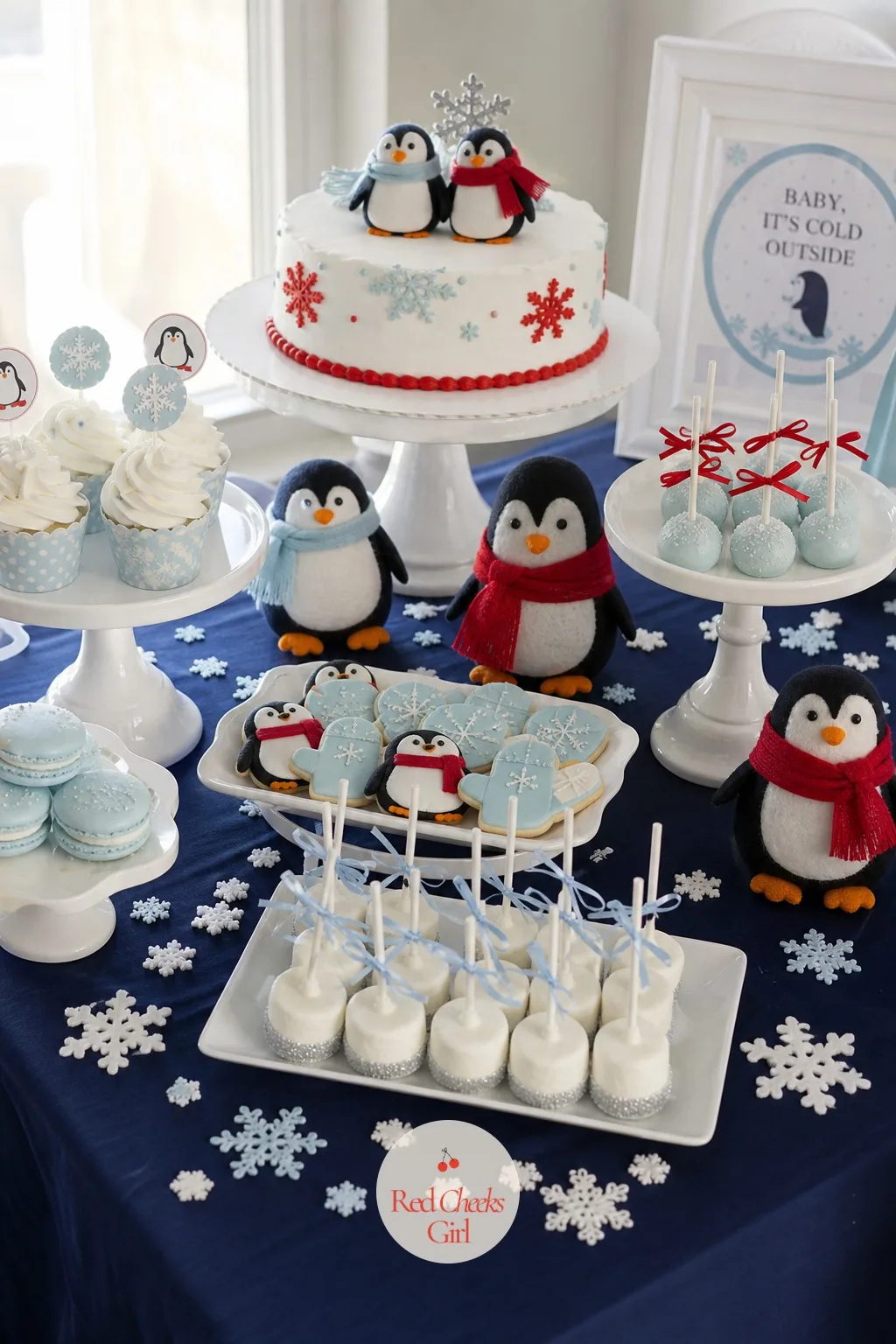 Tiered Dessert Table Styled With Felt Penguins — The whole dessert table should read as one scene rather than a row of separate plates. Penguin baby shower
