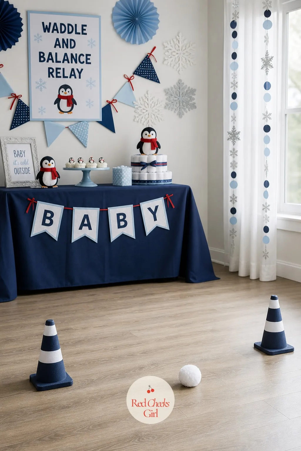 Waddle and Balance Relay — A relay with a real object in hand always photographs better than a worksheet ever could. Penguin baby shower ideas