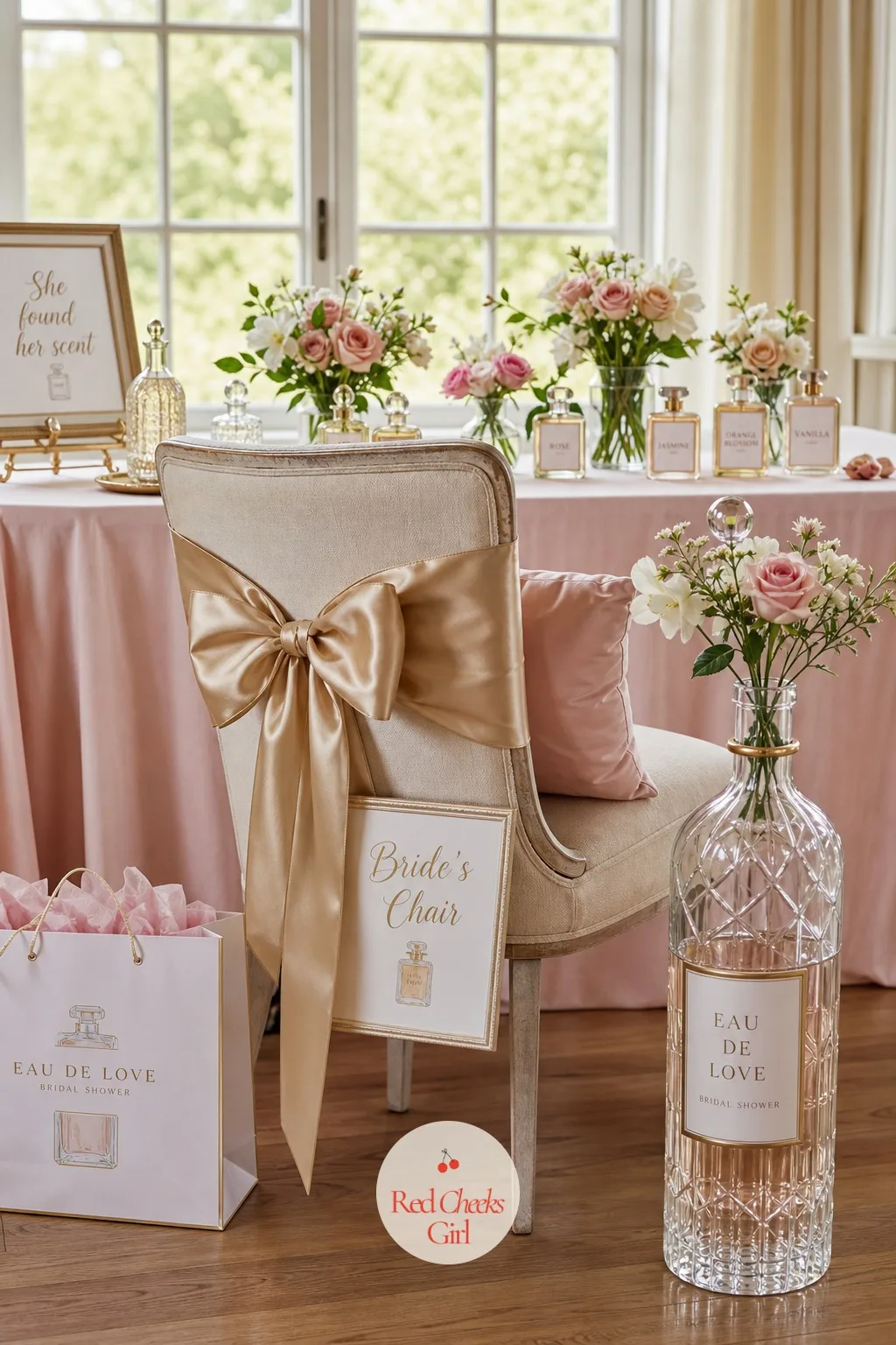 The Bride's Chair, Dressed Like a Bottle — The chair where she opens gifts gets looked at in every photo for an hour, so it is worth dressing on purpose rather