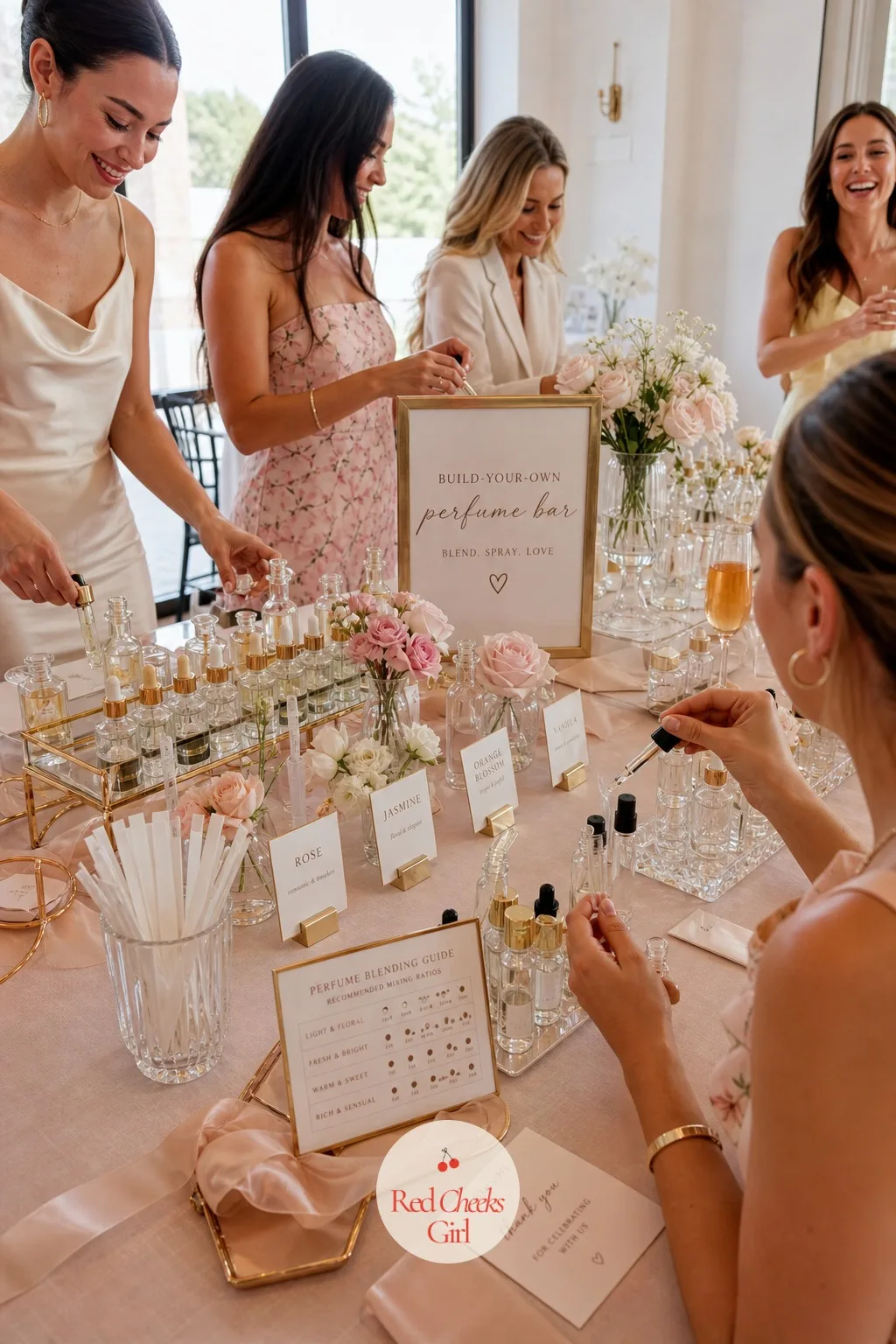 The Build-Your-Own Perfume Bar — This is the one guests remember after the cake plates are cleared, because they leave wearing it. Perfume bridal shower theme
