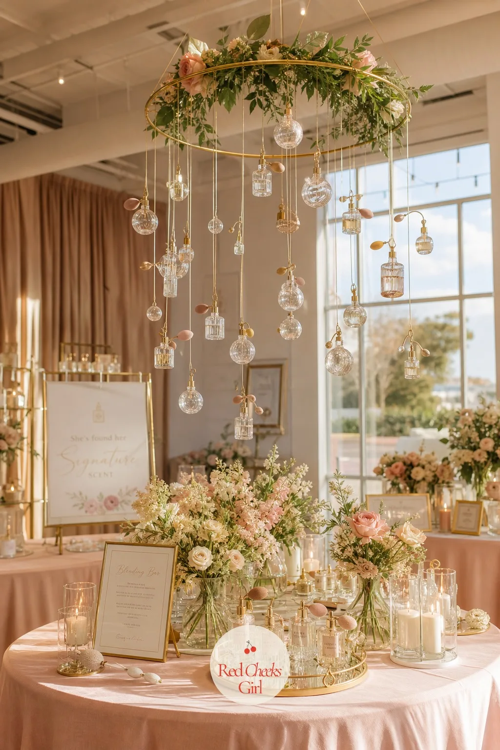 A Chandelier of Hanging Atomizers — The ceiling above a party is usually the one surface nobody bothers to dress, and here it is where the motif gets to hang