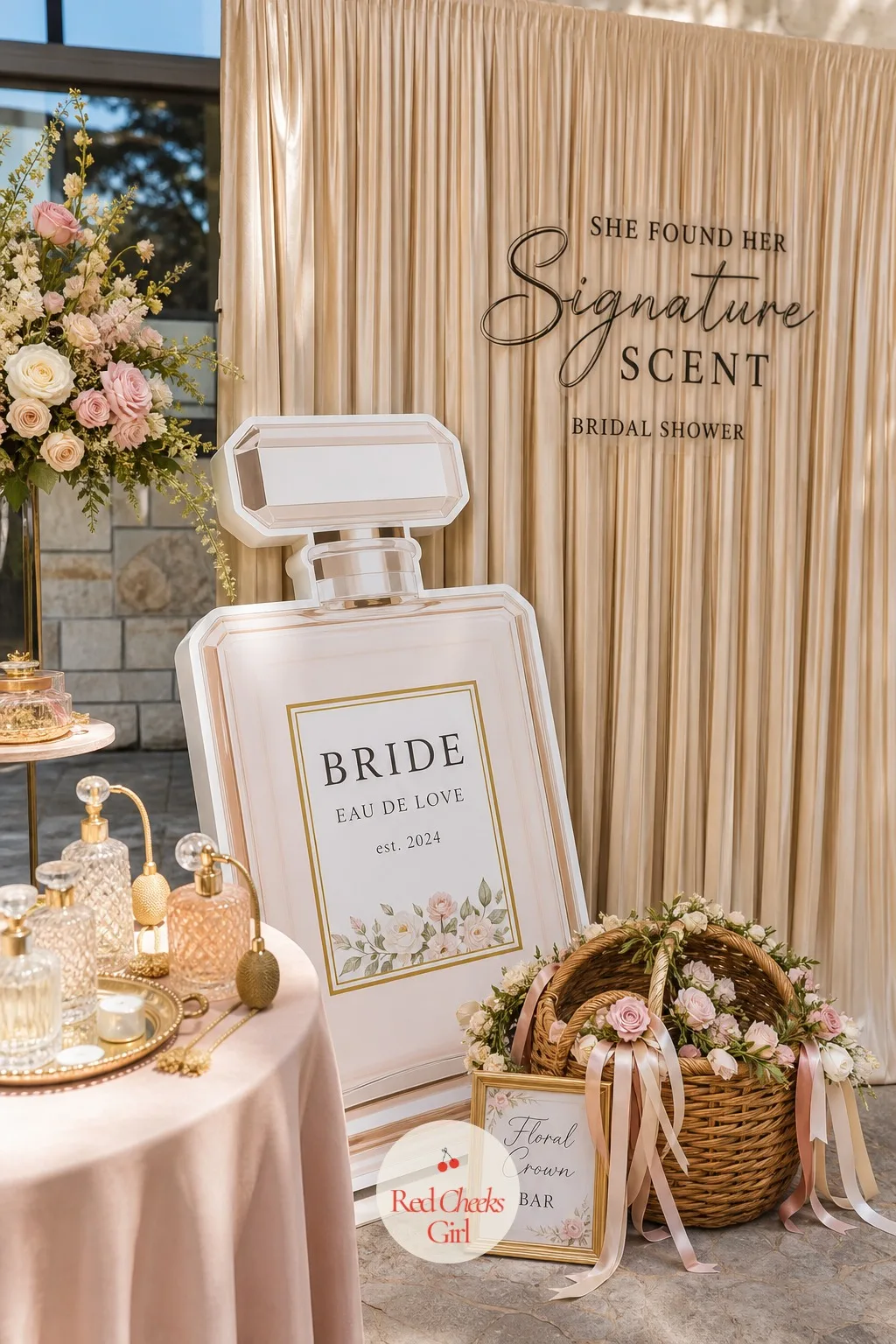 A Floral Crown and Giant Bottle Photo Corner — By the second hour everyone wants a photo that is not just the cake table, so give them one spot built for