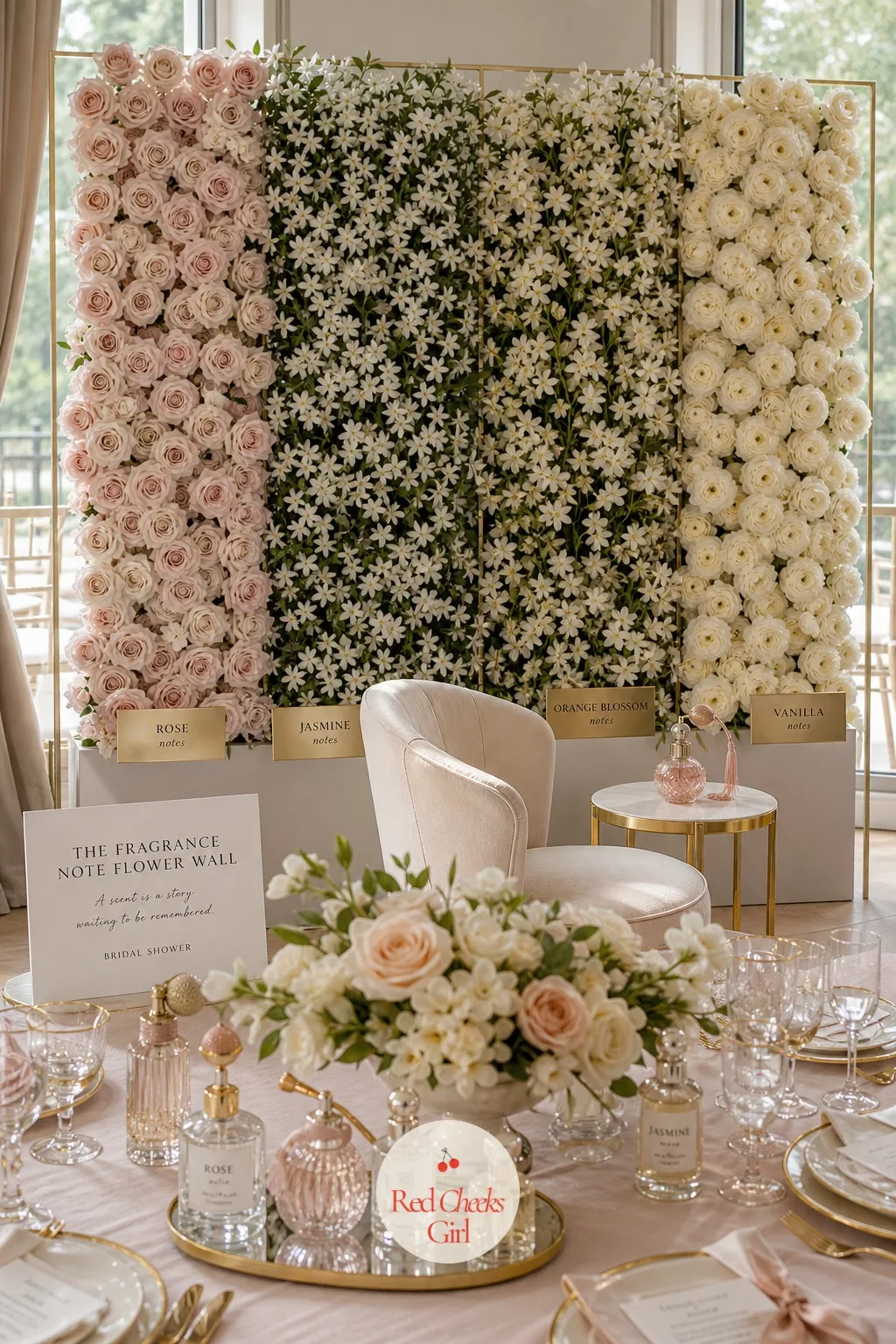 The Fragrance Note Flower Wall — A plain flower wall is pretty for exactly one photo and silent after that. Perfume bridal shower theme
