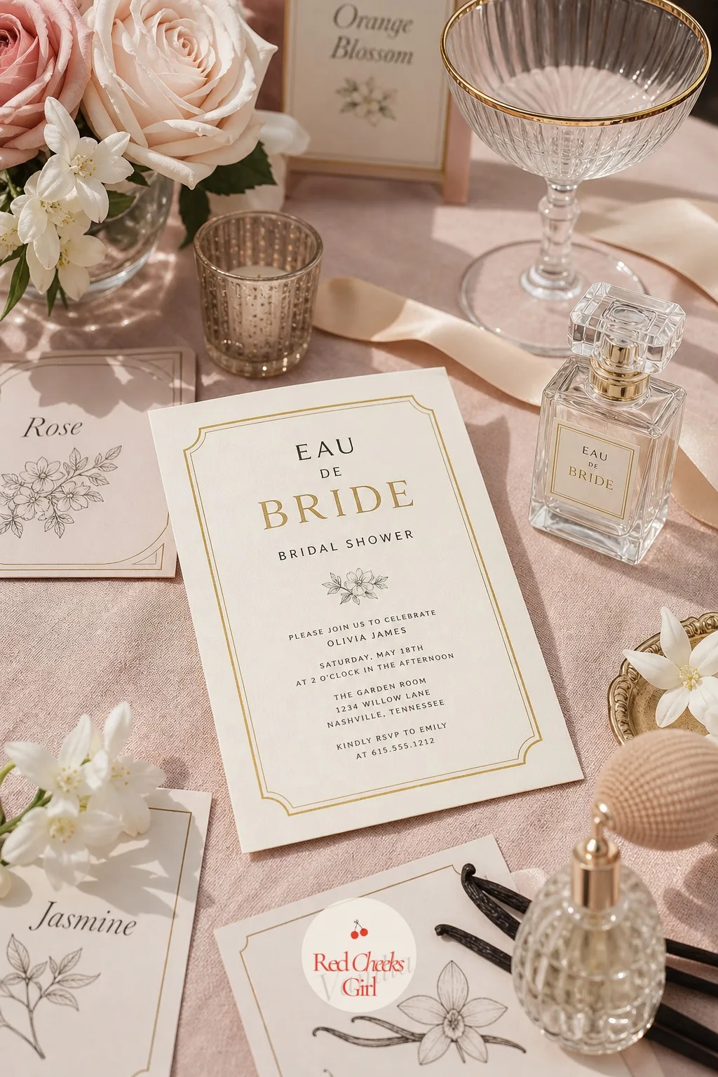 An Invitation Styled as a Perfume Label — A generic floral invitation gets lost among a dozen others in a mailbox. Perfume bridal shower theme