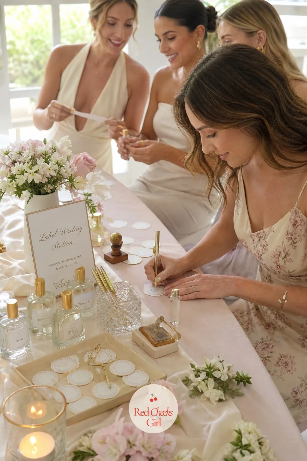 The Label-Writing Station — A plain bottle looks unfinished, and naming it turns out to be the part guests actually enjoy. Perfume bridal shower theme