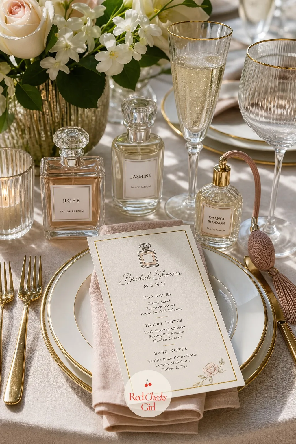 A Menu Card Written Like a Fragrance Ad — A plain printed menu looks like a hotel conference handout. Perfume bridal shower theme