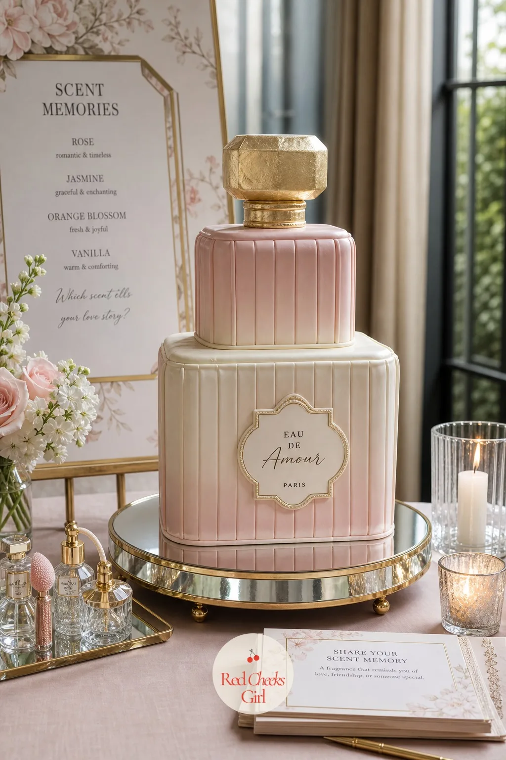 The Perfume Bottle Cake — A round white cake says nothing about this particular party. Perfume bridal shower theme
