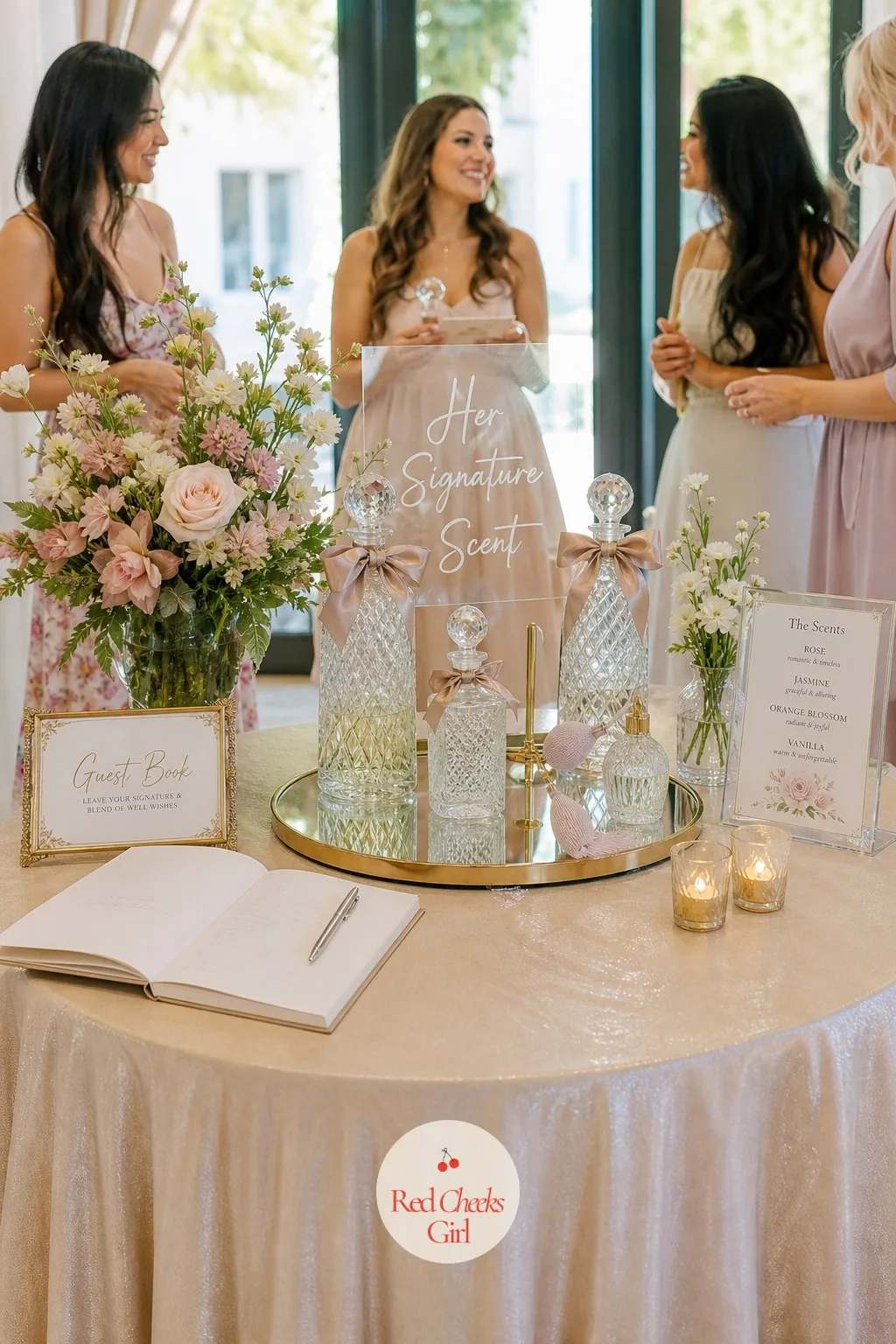 The Perfume Counter Welcome Table — A plain sign-in table says nothing. Perfume bridal shower theme
