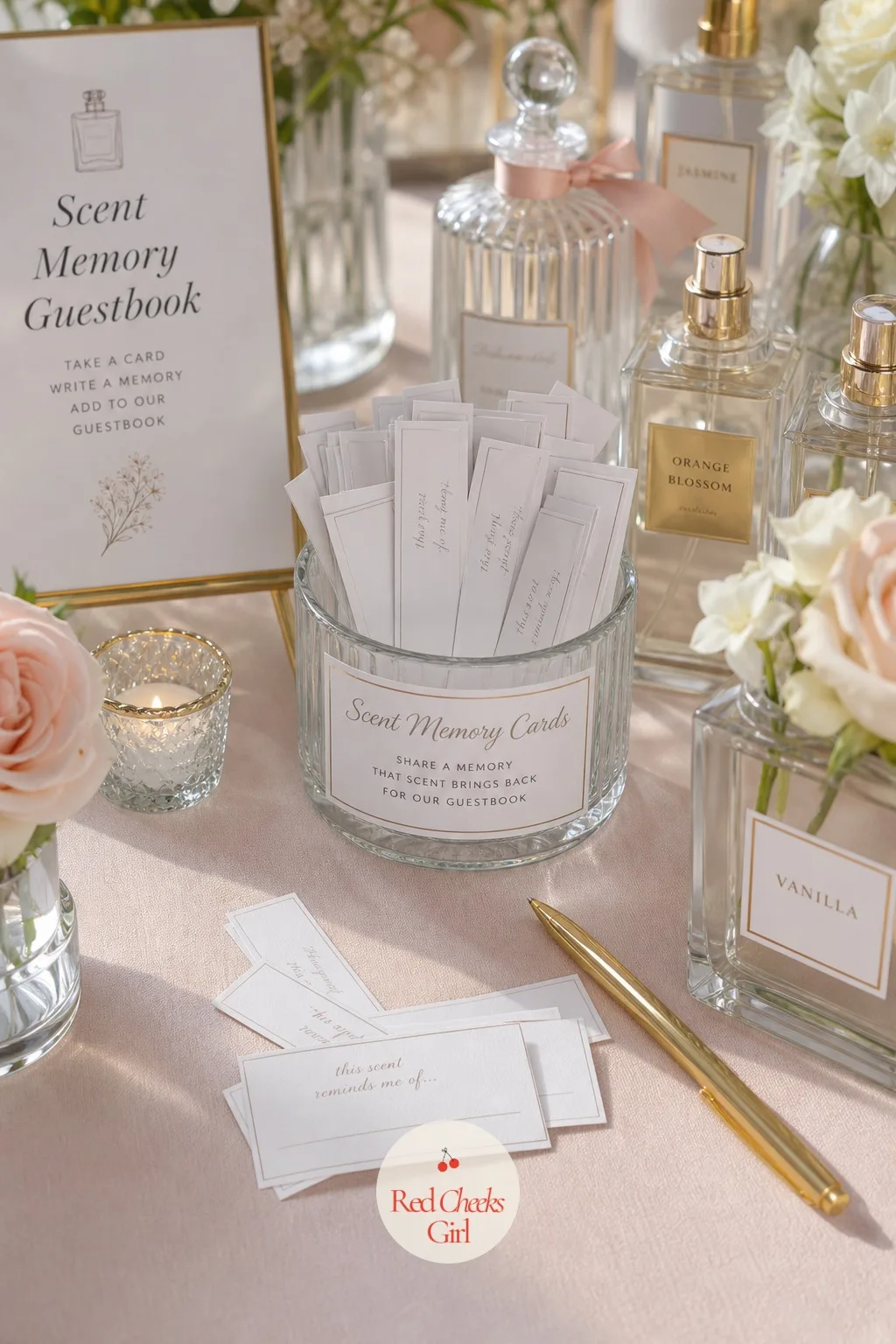 A Scent Memory Card for the Guestbook — A standard guestbook gets the same three sentences from everyone. Perfume bridal shower theme