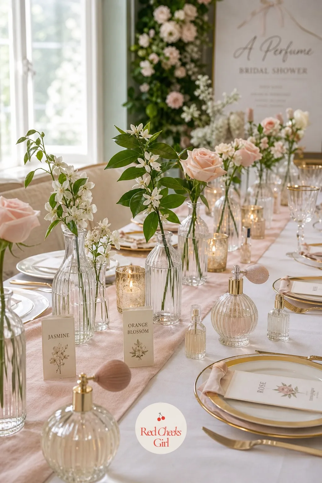 A Tablescape of Glass Bottles and Fresh Blooms — A bare seated table looks unfinished without something running down the middle, and a line of bottles does