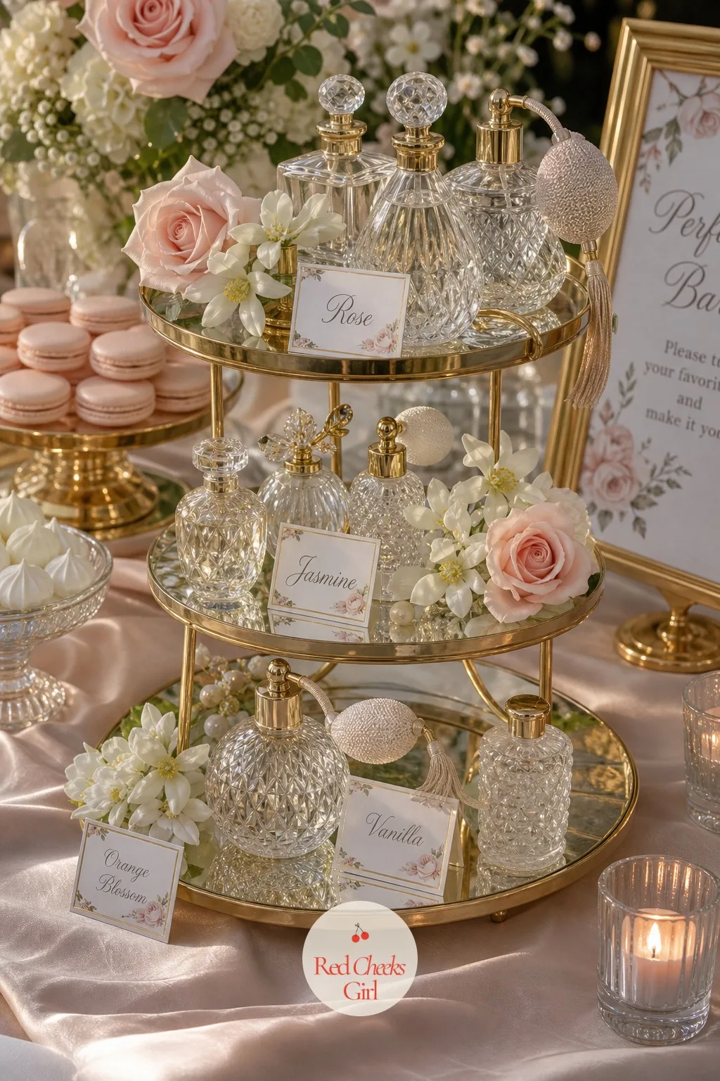 Tiered Trays of Crystal Bottles — A flat dessert table disappears in photos, and height is what makes it read as an event rather than a snack table. Perfume