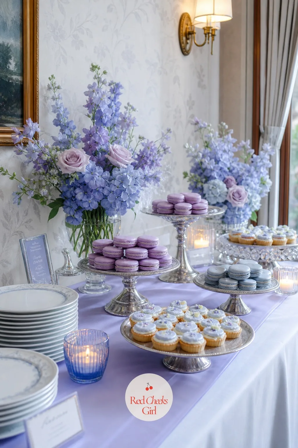 The Dessert Table — Beside the cake, a smaller spread gives guests something to pick at without cutting into the main event. Periwinkle wedding theme