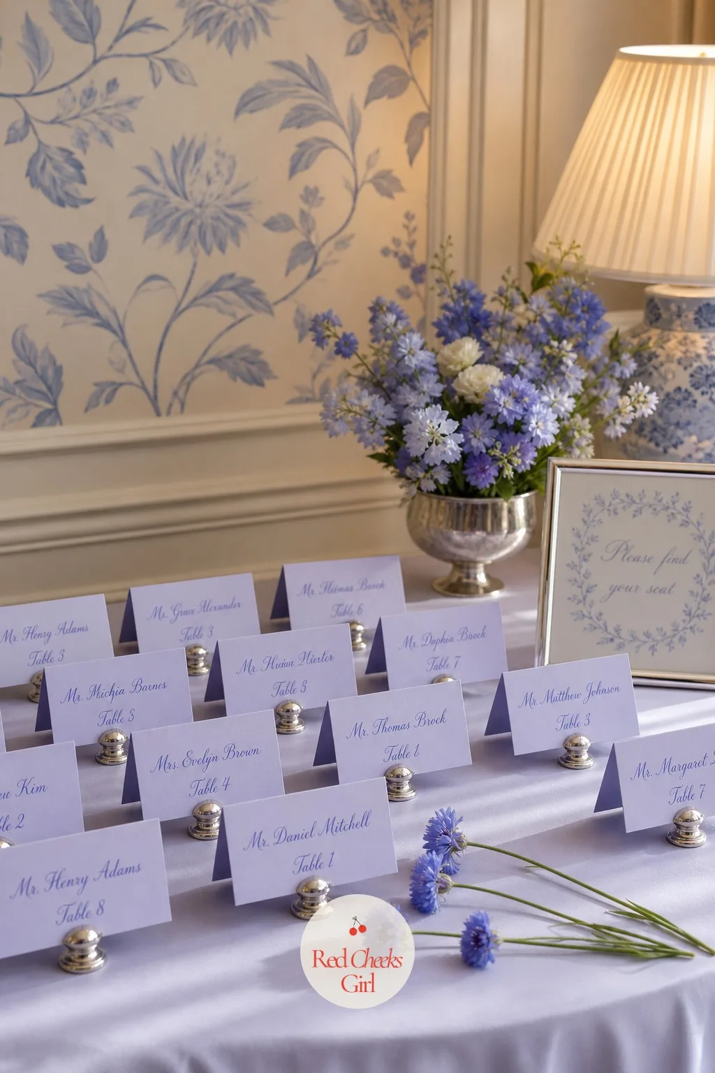 The Escort Cards — Before anyone sits down, she has to find her name somewhere near the entrance, and that small moment is worth dressing properly. Periwinkle