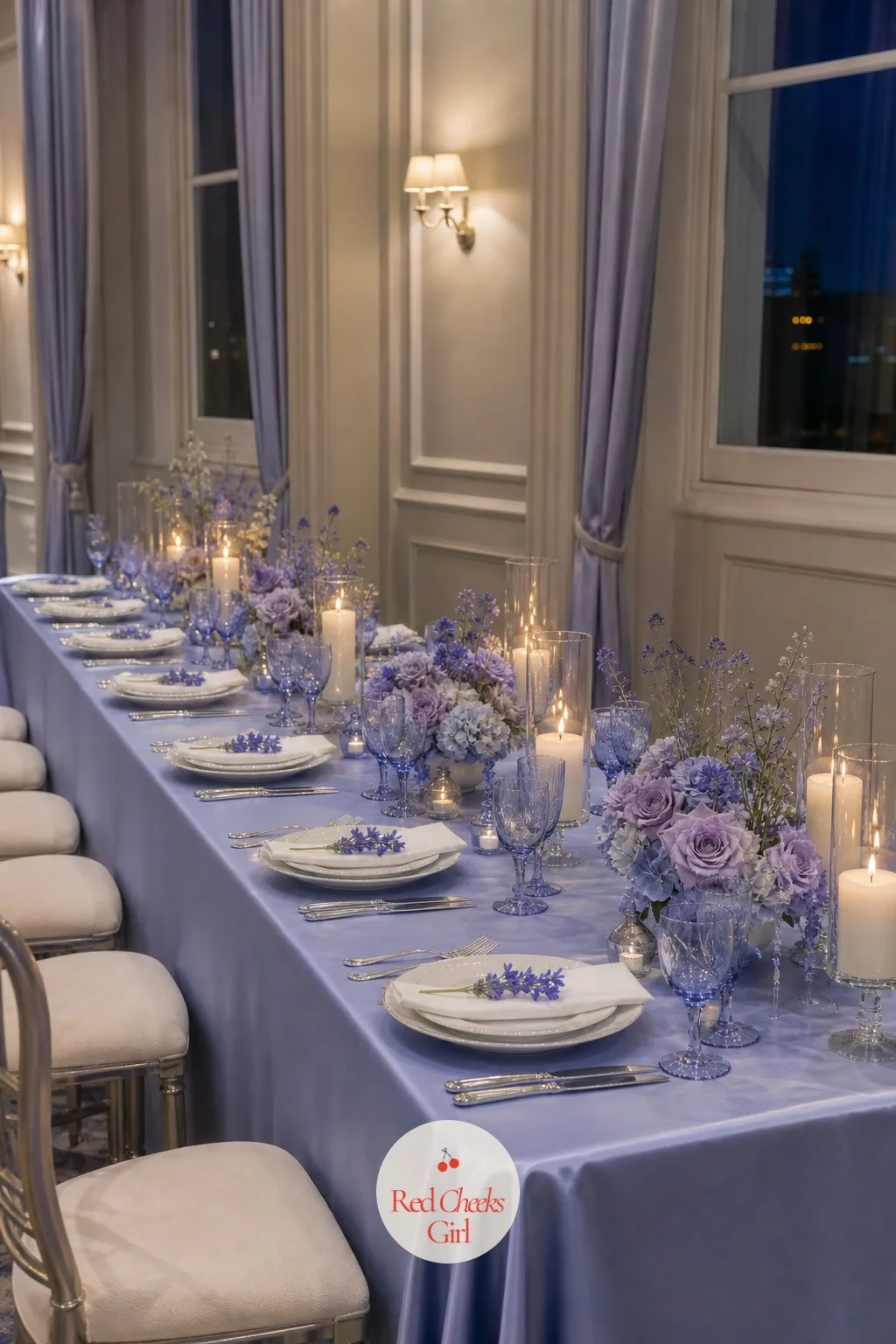 The Reception Tables — Walk into the reception and the whole room should answer in one color before anyone reads a single detail. Periwinkle wedding theme