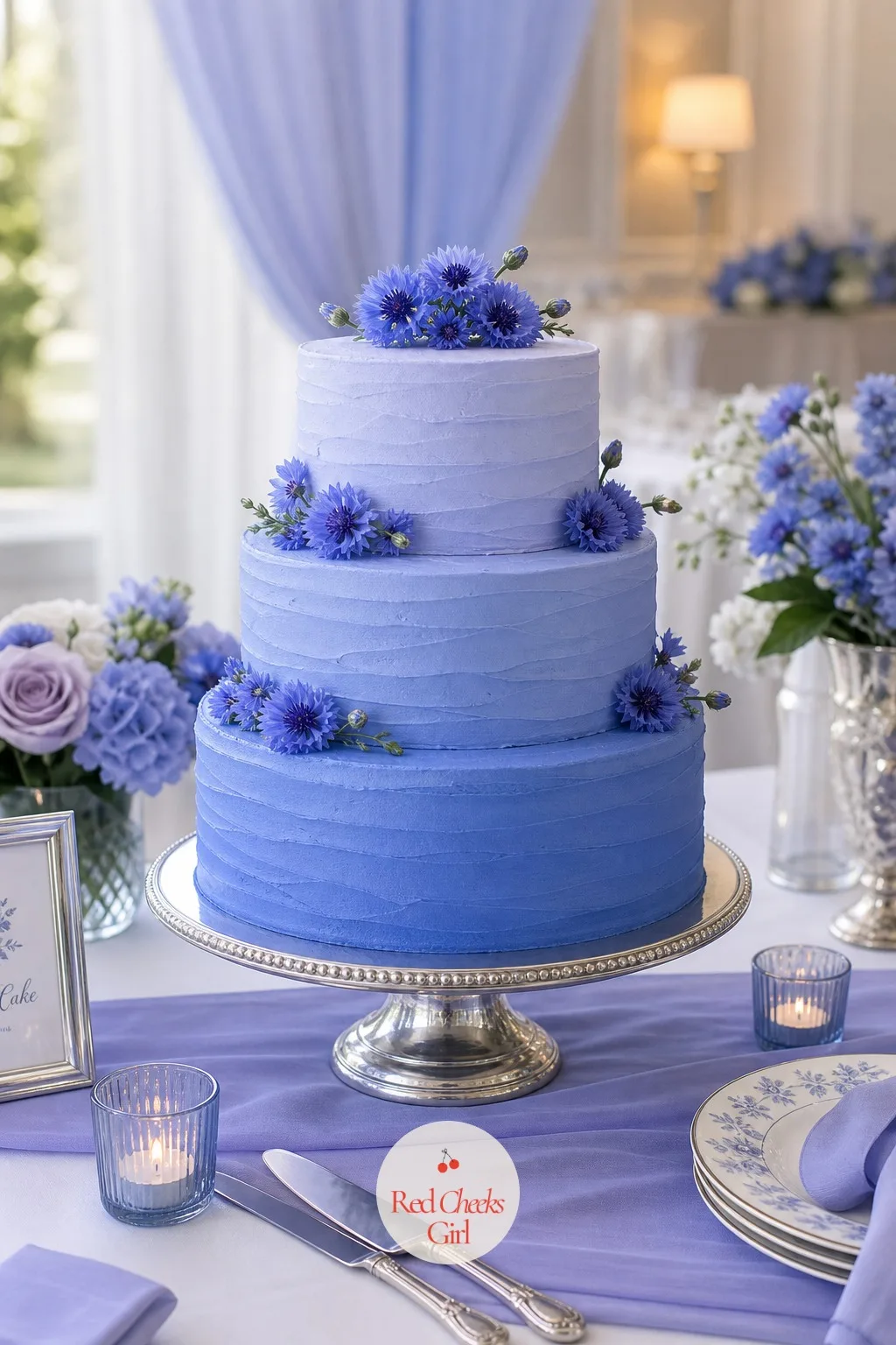 The Wedding Cake — The cake is the one place the full gradient of this palette gets to show off, from the palest periwinkle at the top tier down to deeper
