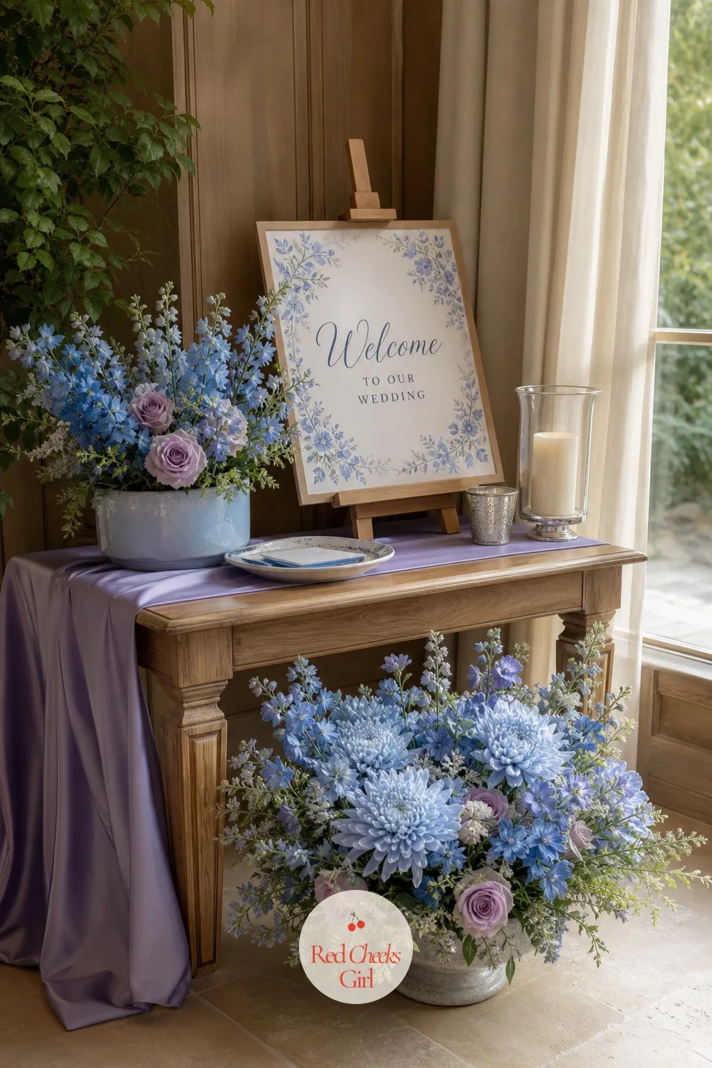 The Welcome Table — The first thing a guest sees should already feel like the rest of the day, not a bare entry table someone forgot to dress. Periwinkle