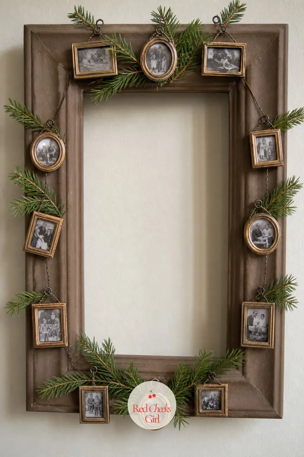 The Collage Memory Frame with Mini Photo Ornaments and Pine Sprigs — A larger kraft brown painted frame holds the shape, while small photo filled mini frame