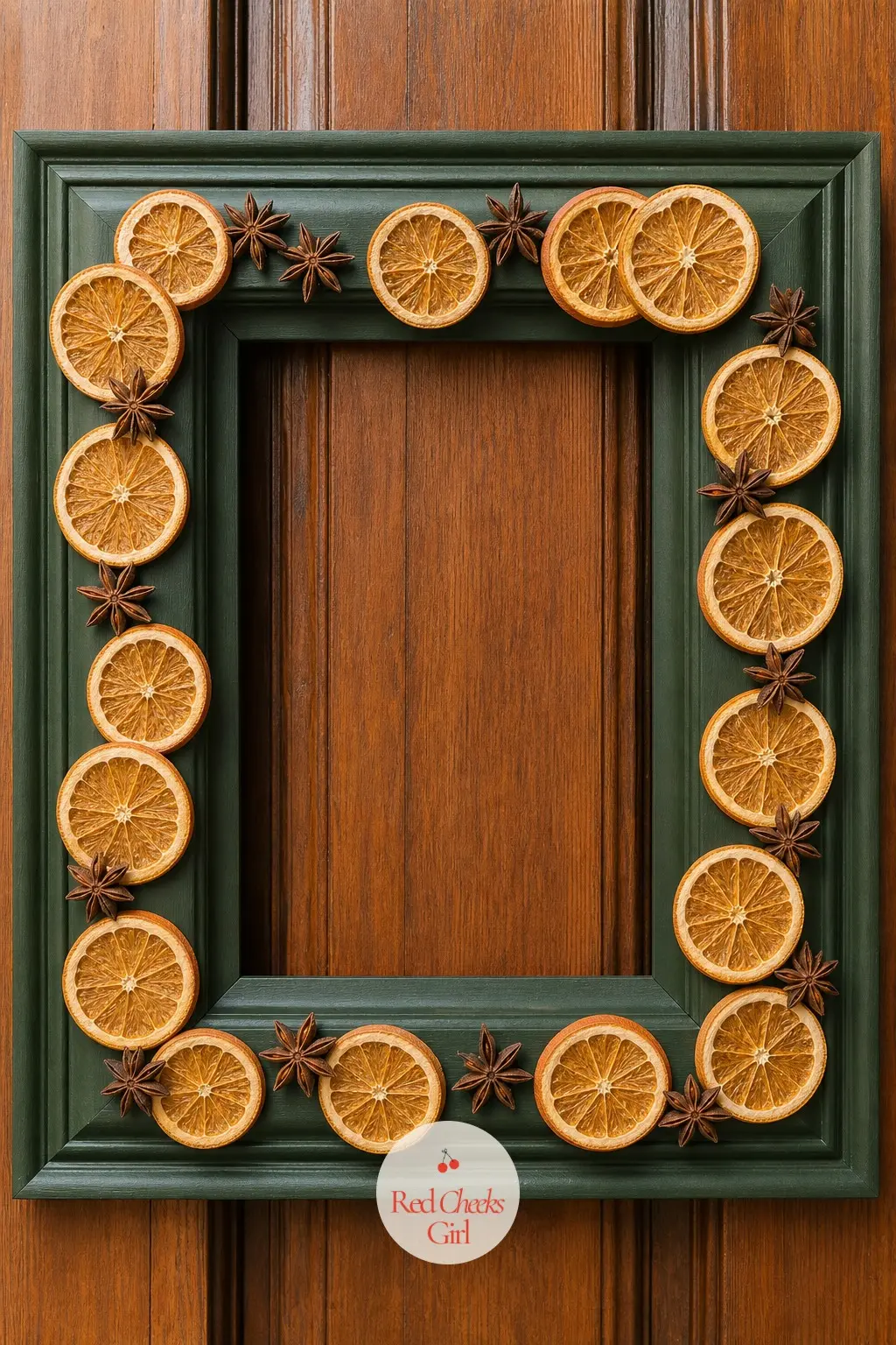 The Forest Green Chalk-Paint Frame with Dried Orange and Star Anise — Chalk paint goes on matte, which means this frame absorbs light instead of bouncing it, a