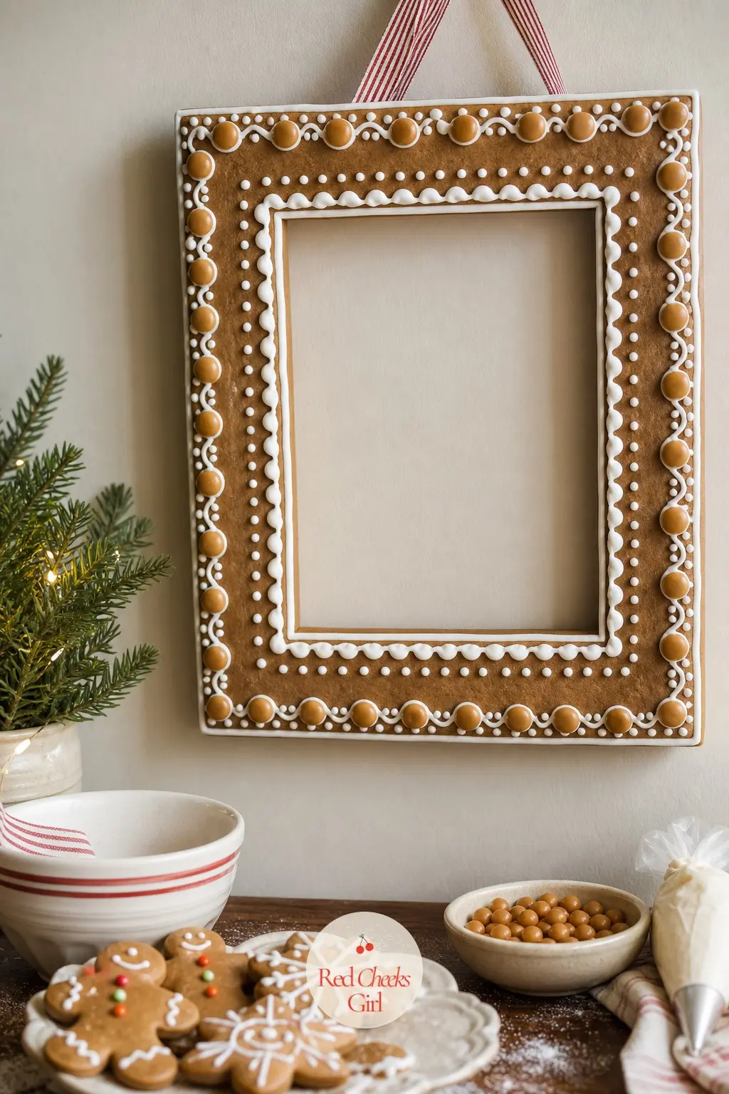 The Gingerbread-Finish Frame with Iced Trim and Candy Button Edge — A warm brown acrylic base coat sets the gingerbread tone, then thick white puffy paint gets