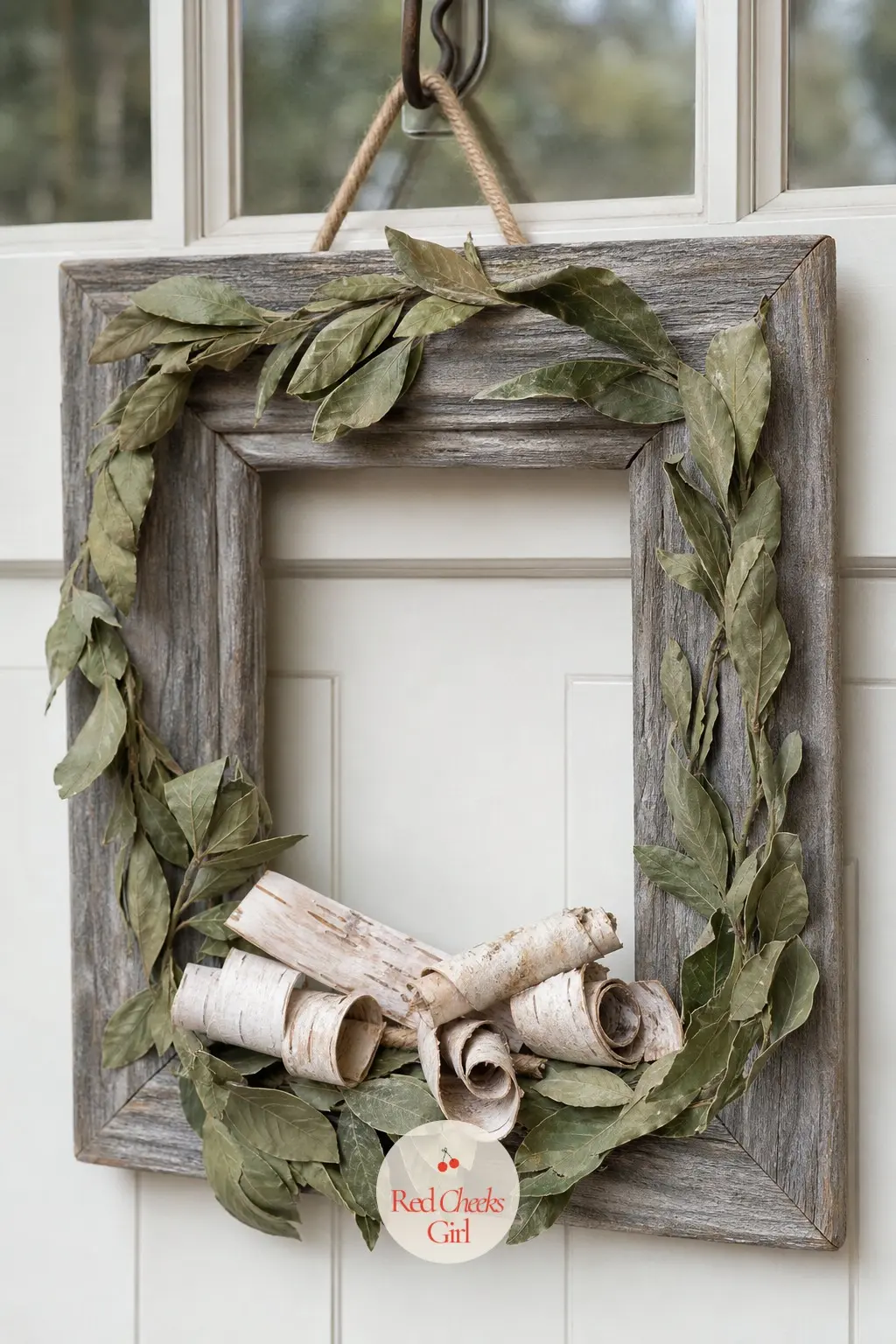 The Weathered Driftwood Frame with Bay Leaf and Birch Bark Curls — A grey-brown wood stain and a light sanding after it dries give a new frame the look of