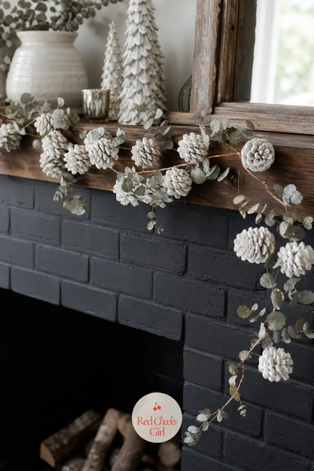 Bleached Pinecone And Eucalyptus Garland — A dark mantel can swallow a regular green garland whole by the time the room lights go low. Pinecone crafts christmas