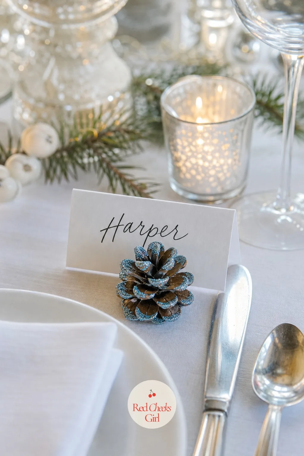 Glitter-Tipped Pinecone Place Card Holders — Printed place cards slide around the moment someone pulls their chair in, and they look like an office supply next