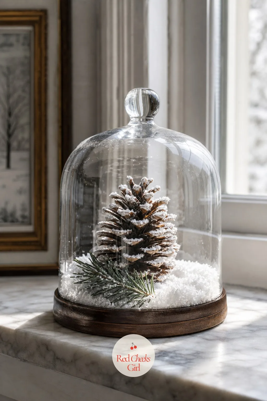 Pinecone Snow Globe Under Glass — A shelf with nothing but books on it can feel like it forgot Christmas entirely. Pinecone crafts christmas