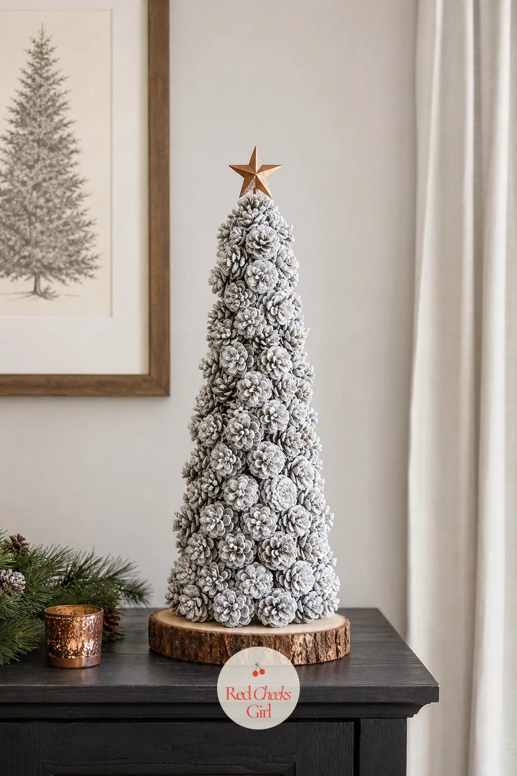 Snow-Flocked Pinecone Topiary Trees — Every table seems to get a candle or a vase of flowers eventually. Pinecone crafts christmas