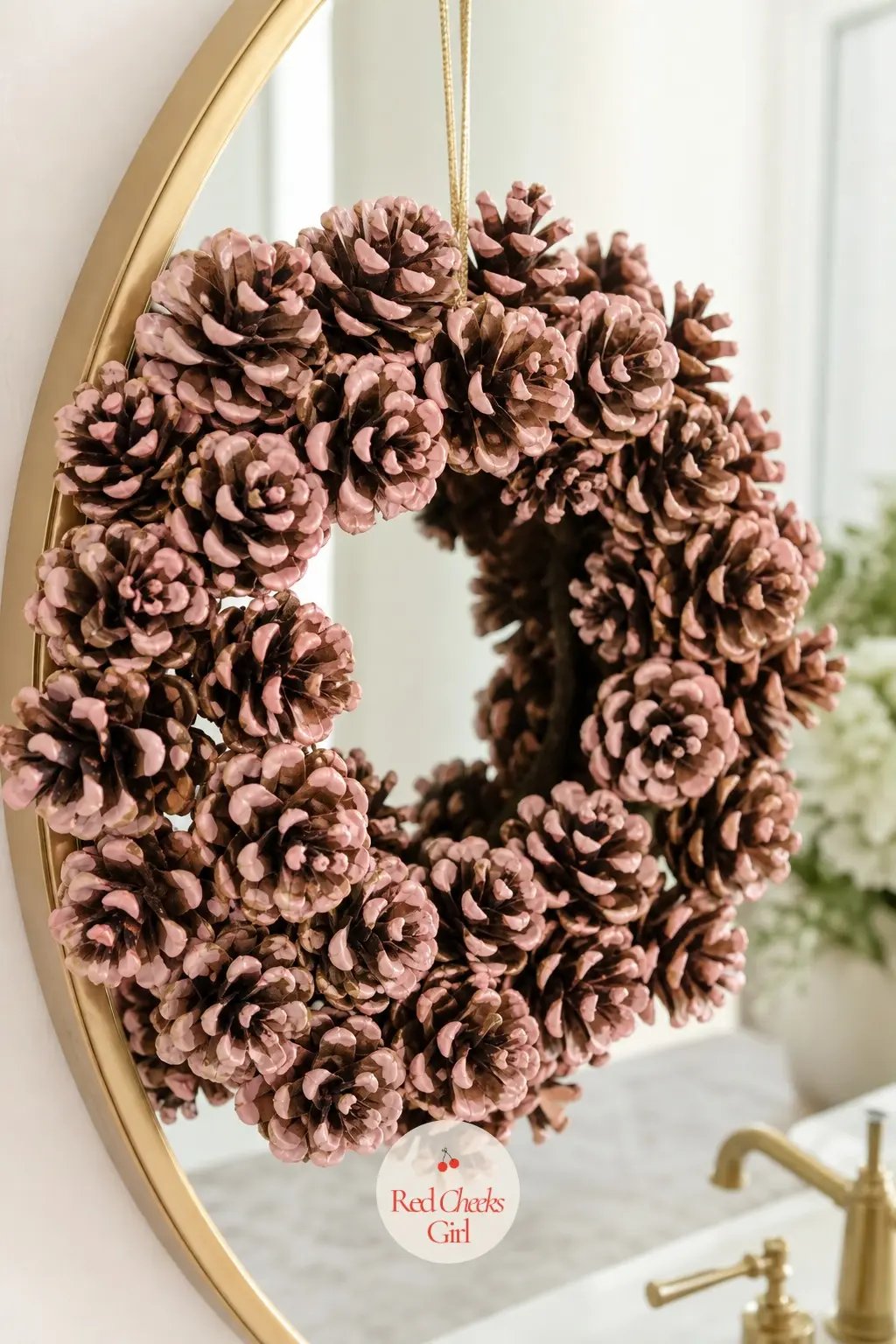 A Blush Pink-Tipped Pinecone Wreath for the Powder Room Mirror — Blush paint on just the outer tips keeps this from tipping into novelty craft territory, the