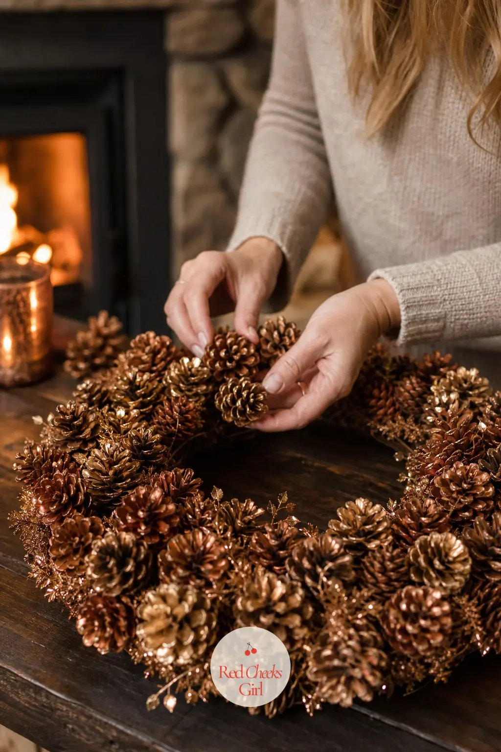A Copper-Washed Pinecone Wreath for the Family Room Mantel — A thin, uneven coat of copper metallic spray, applied from a distance and wiped back slightly once