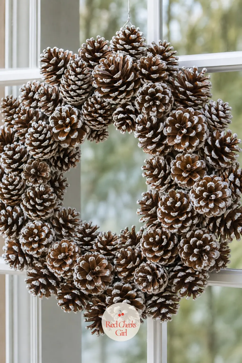 A Frosted White-Tipped Pinecone Wreath for the Dining Room Window — White acrylic paint dabbed only onto the outer scales of each cone leaves the brown base