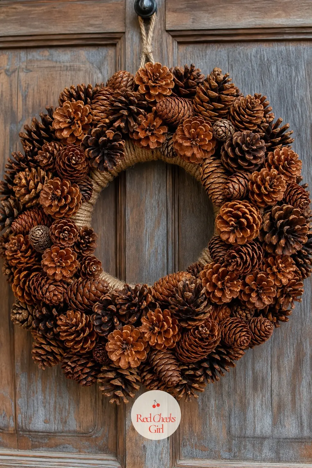 A Jute-Wrapped Pinecone Wreath for the Front Door — A grapevine form gets a layer of thick jute cord before the pinecones go on, which gives the glue something